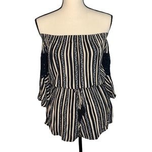 Blush Black Striped Off the Shoulder Romper Crochet Sleeves Tassel Waist Small
